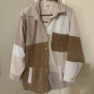 Color block Corduroy Jacket/Shacket in Pale Pink, Cream, Taupe, and Brown.